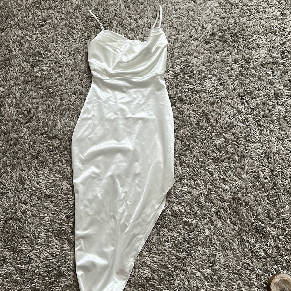 white asymmetrical dress with corset detailing